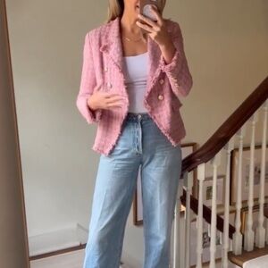 One/Third Double Breasted Pink Purple Houndstooth Tweed Jacket 19 Blazer S